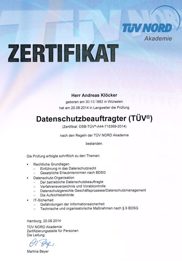 TÜV zertifiziert Datenschutz